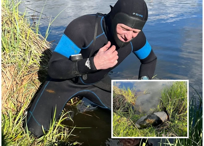 FOTO: Lielās talkas ietvaros Talsu ezerā atrasta neuzsprāgusi aviācijas bumba