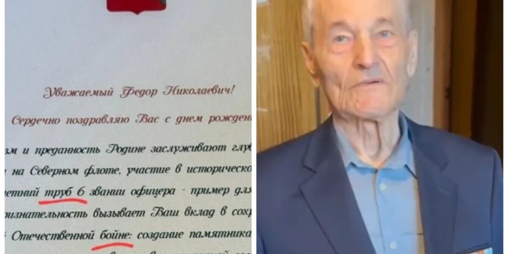 Otrā pasaules kara veterāns Fjodors Smirnovs un gubernatora publicētais apsveikums ar briesmīgām drukas kļūdām (kolāža no "X" ekrānuzņēmumiem)