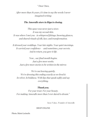 "Amoralle" izsūtījusi saviem klientiem vēstuli, kurā atklāj, ka veikals Rīgā tiks slēgts.