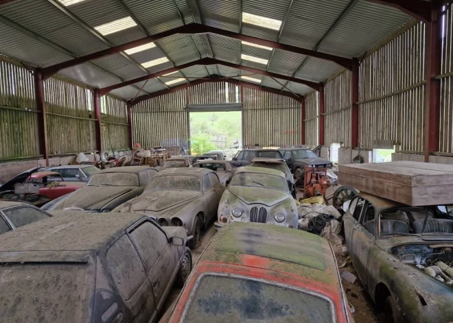 Anglijas laukos atrod iespaidīgus kolekcionāru auto krājumus