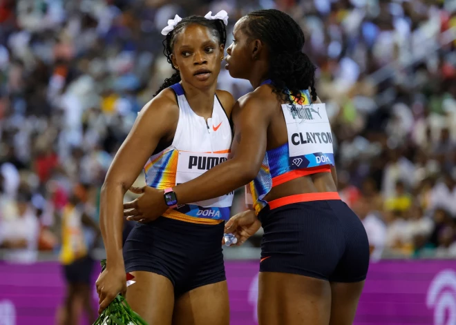 Dvīņumāsas Kleitones Dohā pārspēj Freizeri-Praisu; divi šķēpmetēji aizmet pāri 90 metriem