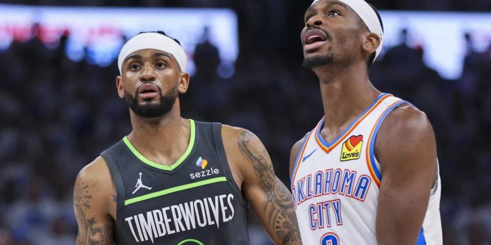 Viens no šā brīža pasaules labākajiem basketbolistiem Šejs Gildžess-Aleksandrs (pa labi) Rietumu konferences finālā sacenšas ar savu brālēnu Nikeilu Aleksandru-Vokeru.