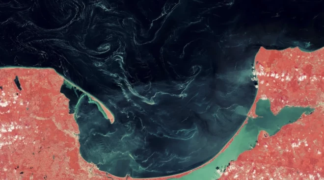 Pētījumā noskaidrots, ka šos plankumus nav izraisījušas aļģes vai piesārņojums, bet gan priedes ziedputekšņi (Pinus sylvestris)./FOTO: ESA/Copernicus