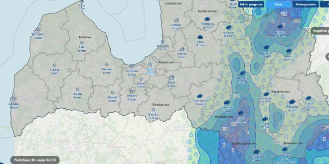 Kamēr Rīgā un lielākajā Latvijas daļā būs sauss, Līvānos šonakt atkal gāzīs ar spaiņiem (ekrānuzņēmums no "meteo.lv")