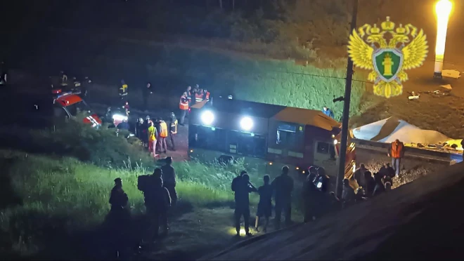 Спасатели работают на месте обрушения моста на пассажирский поезд в Выгоничском районе Брянской области.