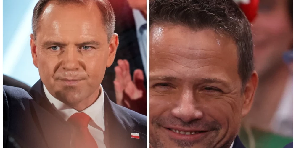 Polijas prezidenta amata kandidāti Karols Navrockis un Rafals Tšaskovskis (foto: Scanpix / Reuters; kolāža: jauns.lv)png