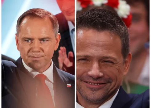 Polijas prezidenta amata kandidāti Karols Navrockis un Rafals Tšaskovskis (foto: Scanpix / Reuters; kolāža: jauns.lv)png