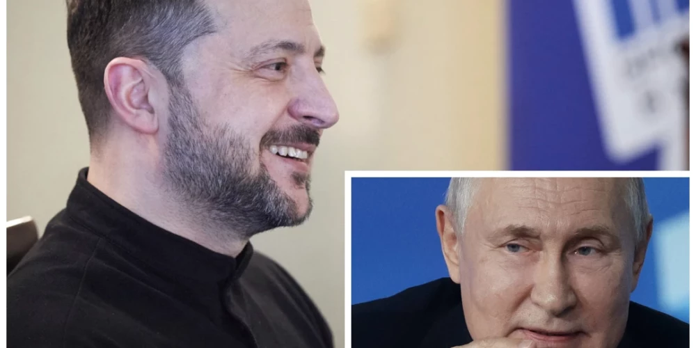 Ukrainas prezidents Volodimirs Zelenskis un Krievijas diktators Vladimirs Putins (foto: Scanpix / Zumapress.com / IMAGO / SNA; kolāža: jauns.lv)