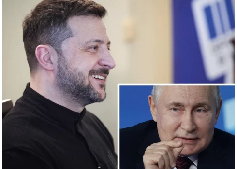 Ukrainas prezidents Volodimirs Zelenskis un Krievijas diktators Vladimirs Putins (foto: Scanpix / Zumapress.com / IMAGO / SNA; kolāža: jauns.lv)