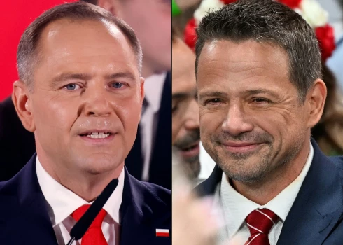 Polijas prezidenta amata kandidāti Karols Navrockis un Rafals Tšaskovskis.