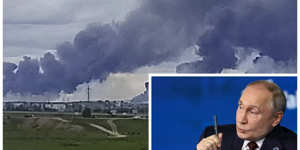 Krievijas kara lidlauks Irkutskas apgabalā pēc dronu uzbrukuma (ekrānuzņēmums no "X") un Krievijas diktators Vladimirs Putins (foto: Scanpix / AP)