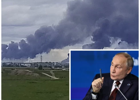 Krievijas kara lidlauks Irkutskas apgabalā pēc dronu uzbrukuma (ekrānuzņēmums no "X") un Krievijas diktators Vladimirs Putins (foto: Scanpix / AP)