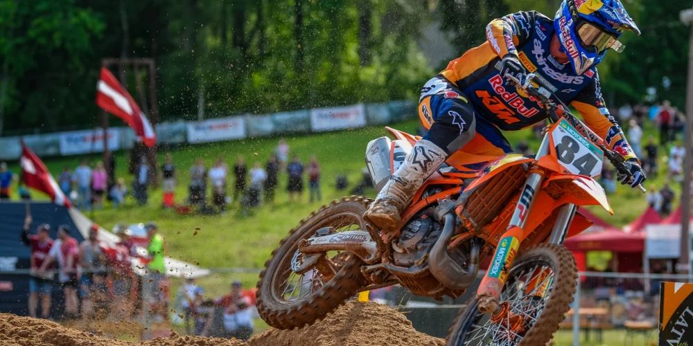 Motokrosists Džefrijs Herlingss pasaules čempionāta posmā motokrosā "MXGP of Latvia" mototrasē "Zelta zirgs".