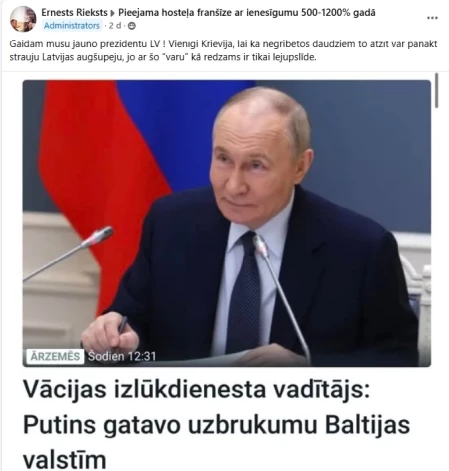 Rieksts uzskata, ka "vienīgi Krievija var panākt Latvijas augšupeju".