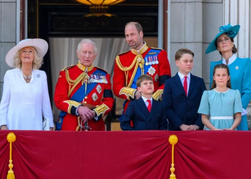 Queen Camilla, King Charles III, William, Prince Of Wales, Princess Charlotte, Prince Louis and Prince George watch Trooping The Colour Birthday Parade from. Buckingham Palace to celebrate King Charles III birthday.Photo credit: London News Pictures