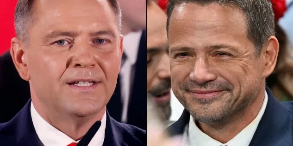 Polijas prezidenta amata kandidāti Karols Navrockis un Rafals Tšaskovskis.