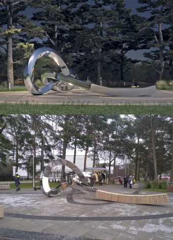 Augšā: Uģa Traumaņa ieceres vizuālizācija, apakšā: realizētais vides objekts “Mezgls” Kauguru centrā.