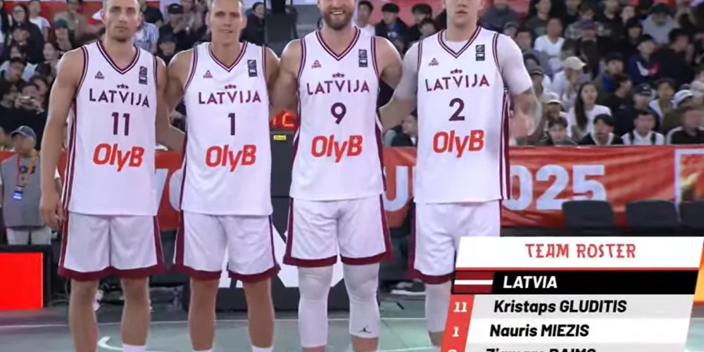 Latvijas 3x3 basketbola izlase pirms spēles ar Melnkalni (ekrānuzņēmums no video)