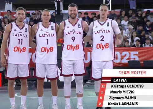 Latvijas 3x3 basketbola izlase pirms spēles ar Melnkalni (ekrānuzņēmums no video)