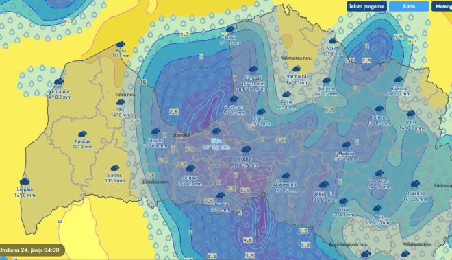Laika prognoze Jāņu naktī neizskatās pārāk iepriecinoša (ekrānuzņēmums no Latvijas vides, ģeoloģijas un meteoroloģijas centra mājaslapas)