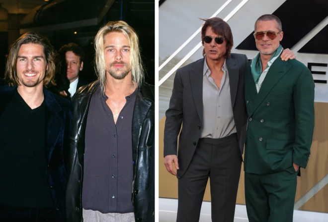 Том Круз и Брэд Питт на премьере фильма "Интервью с вампиром" в 1994 и сейчас, спустя 30 лет.