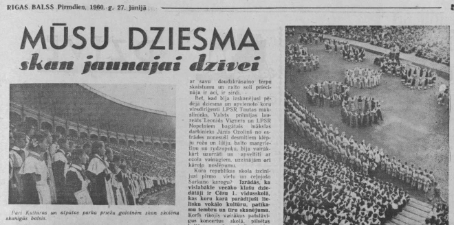 “Rīgas Balss” 1960. gada 27. jūnijā raksta par tikko aizvadītajiem pirmajiem skolu jaunatnes Dziesmu un deju svētkiem.