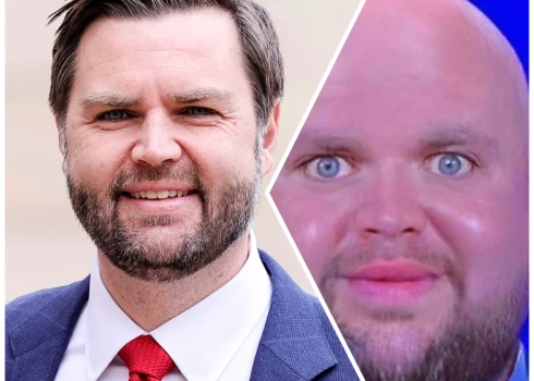 ASV viceprezidents Džeimss Venss un viena no viņam veltīto mēmju versijām, kas atradās ASV teritorijā neielaistā norvēģu jaunieša telefonā (foto: Scanpix / EPA / ekrānuzņēmums no "X"; kolāža: jauns.lv)