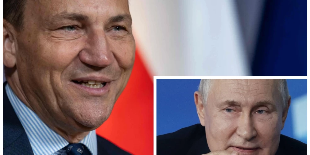 Polijas ārlietu ministrs Radoslavs Sikorskis un Krievijas diktators Vladimirs Putins (foto: Scanpix / AFP / Imago / SNA); kolāža: jauns.lv)