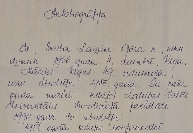 Baibas Laizānes (Bražes) 1990. gada 8. augustā rakstītā autobiogrāfija.