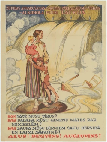 Starpkaru Latvijas pretalkohola propagandas plakāts.