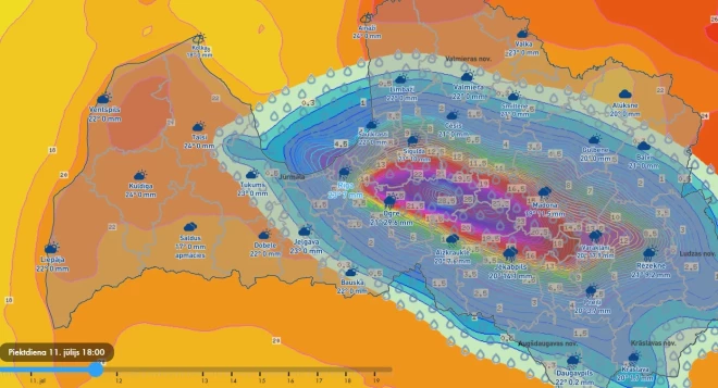 Lietavu un negaisa mākoņi nāks no dienvidaustrumiem, bet vakarā plosīsies Kurzemē (ekrānuzņēmums no "meteo.lv")