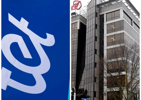 Tehnoloģiju uzņēmuma SIA "Tet" logotips un SIA "Latvijas mobilais telefons" galvenā ēka (foto: Edijs Pālens / Paula Čurkste / LETA; kolāža: jauns.lv)