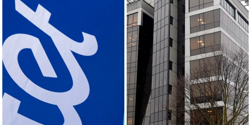 Tehnoloģiju uzņēmuma SIA "Tet" logotips un SIA "Latvijas mobilais telefons" galvenā ēka (foto: Edijs Pālens / Paula Čurkste / LETA; kolāža: jauns.lv)