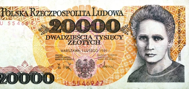 Изображение Марии Склодовской-Кюри в течение многих лет украшало купюру достоинством 20 000 злотых.