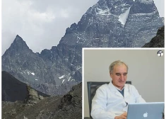 Monviso kalns un ķirugs Nikola Ivaldo (foto: Wikipedia / Dott. Nicola Ivaldo Chirurgo Ortopedico / Facebook; kolāža: jauns.lv)