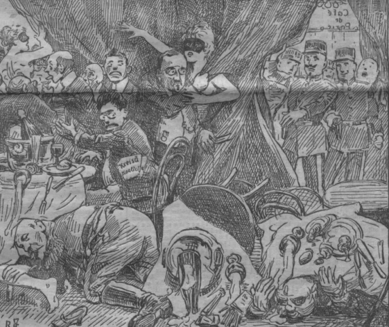 Skandalozā “Latvijas Sarga” karikatūra ar Rīgas pirmā striptīza skatu 1923. gada 7. janvārī.