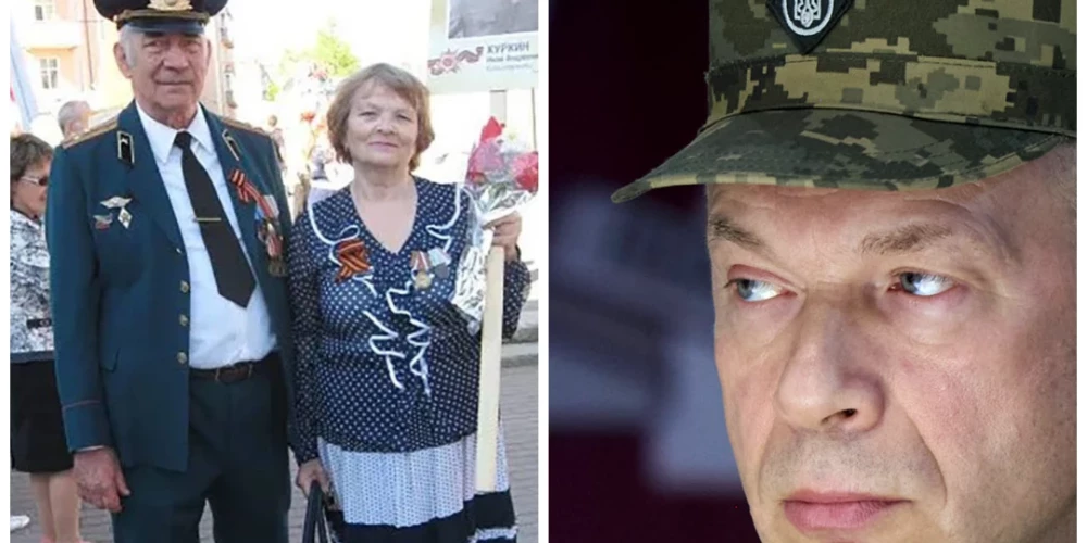 Ukrainas armijas virspavēlnieks Oleksandrs Sirskis (pa labi), viņa vecāki Staņislavs un Ludmila (pa kreisi) (foto: ekrānuzņēmums no "X" un Scanpix / AFP; kolāža: jauns.lv)