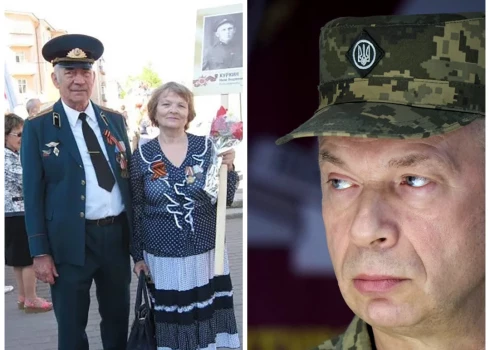 Ukrainas armijas virspavēlnieks Oleksandrs Sirskis (pa labi), viņa vecāki Staņislavs un Ludmila (pa kreisi) (foto: ekrānuzņēmums no "X" un Scanpix / AFP; kolāža: jauns.lv)