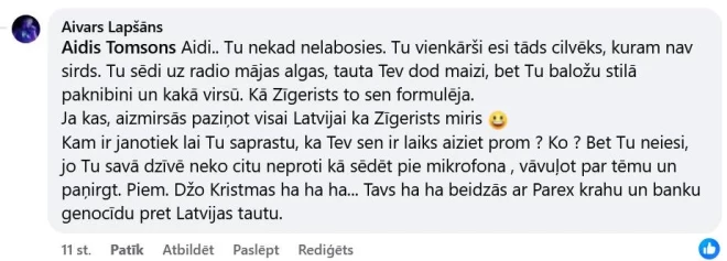 Aivara Lapšāna ieraksts “Facebook” par Aida Tomsona kā radioraidījuma vadītāja stilu.