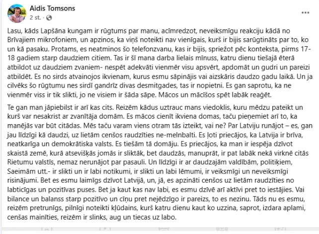 Aida Tomsona atbilde uz Aivara Tomsona neglaimojošo komentāru “Facebook”.