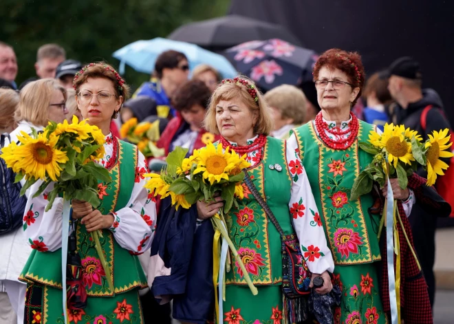 Отмечая день независимости Украины, в Риге сотни людей отправились в шествие "Путь подсолнуха" в поддержку Украины от памятника Свободы до парка Кронвалда.