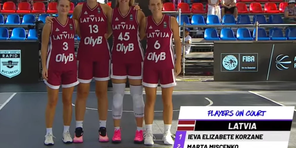 Latvijas sieviešu 3x3 basketbola izlase (Marta Miščenko, Digna Strautmane, Ketija Vihmane un Ieva Elizabete Korzāne) (ekrānuzņēmums no video)