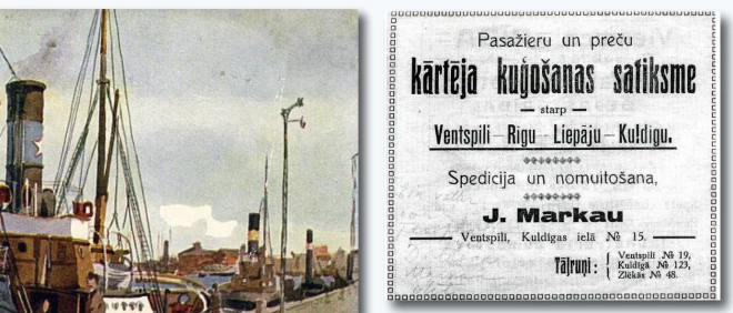Simts gadu sena reklāma par tvaikoņu satiksmi starp Kuldīgu un Ventspili.