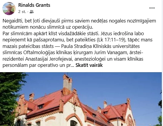 Jaunievēlētais LELB arhibīskaps Rinalds Grants “Facebook” vēsta, ka pāris dienas pirms savas inaugurācijas acu klīnikā veiksmīgi pārcietis operāciju. 