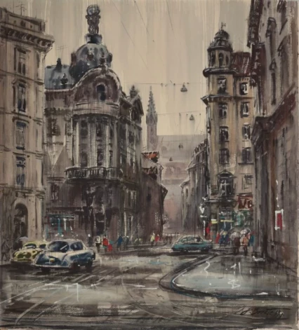 Jānis Brekte “Vecrīga”, papīrs, akvarelis, 73×66,5 cm, 1969, LMS muzejs