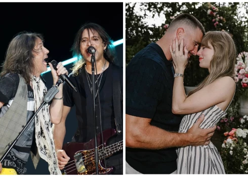 Grupa “Foreigner” 2023. gadā un Teilore Svifta ar Trevisu Kelsiju saderināšanās dienā.