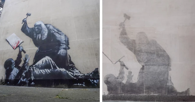 Рисунок Бэнкси до и после попытки удаления.