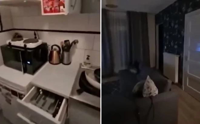 Nekārtīgā virtuve un skats no istabas.