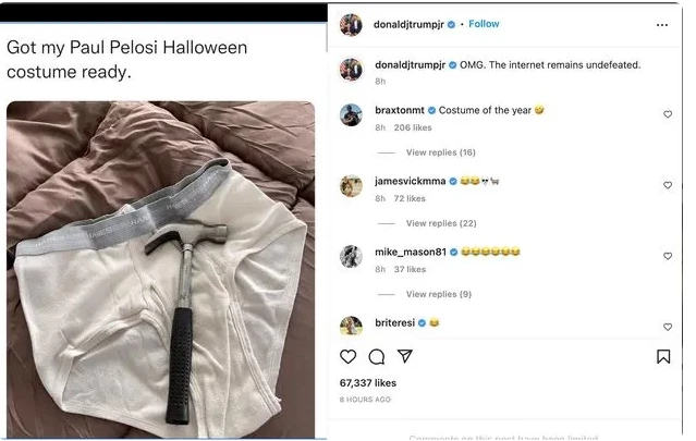 Donalds Tramps juniors uzskata, ka tas ir asprātīgi un viņa faniem tas patīk (ekrānuzņēmums no "Instagram")