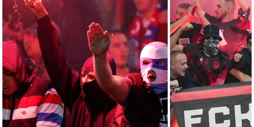 Serbu un albāņu futbola fanu naidam ir sena vēsture (foto: Scanpix / AP / www.imago-images.de; kolāža: jauns.lv)